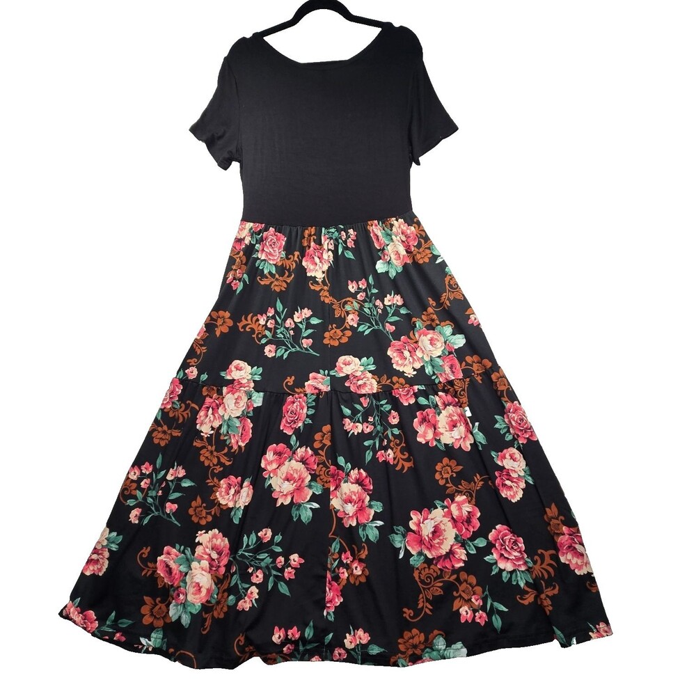Grecerelle Women’s Large Short Sleeve Crewneck Flowy Long Dress Pockets Floral - Picture 2 of 6